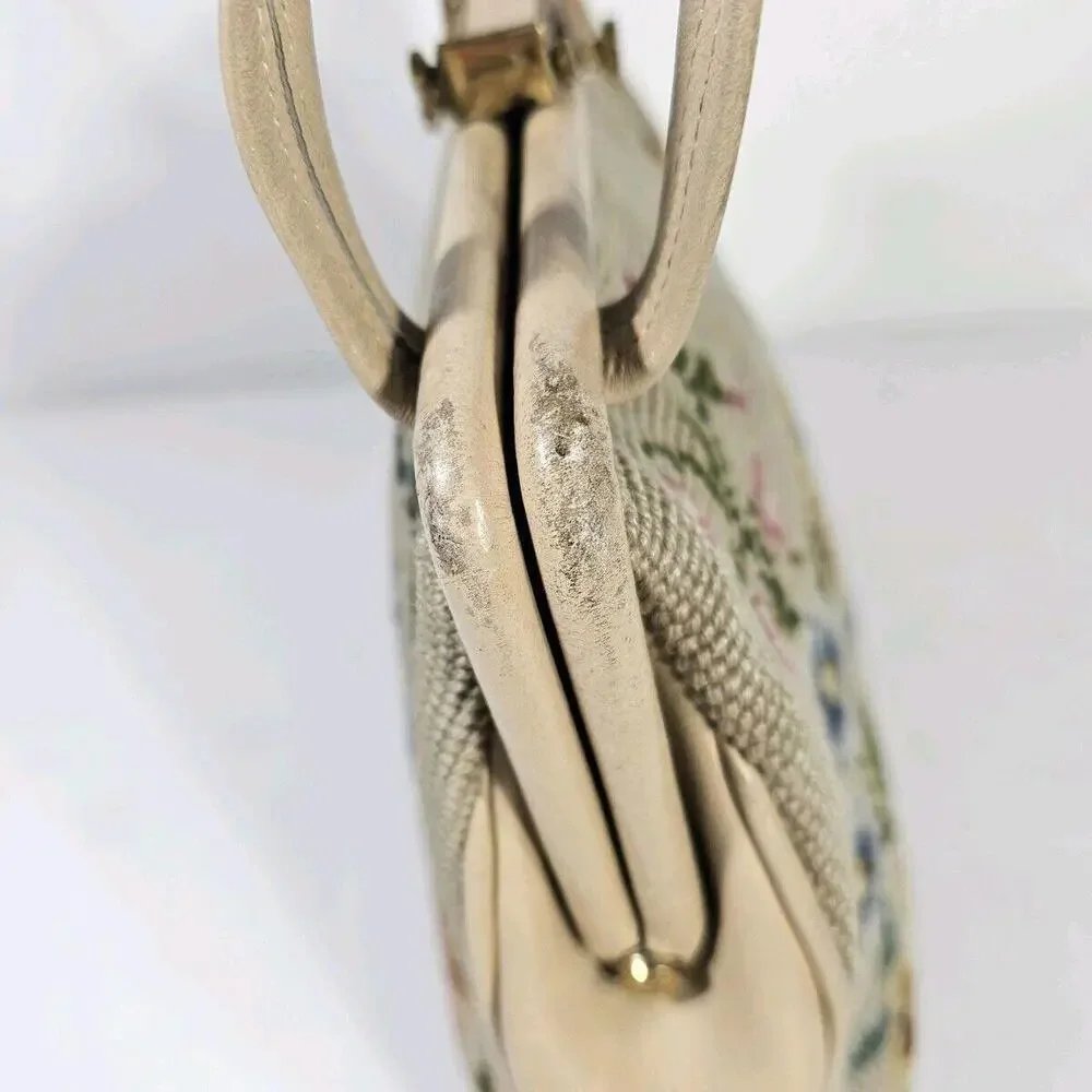 Vintage 1950's Mid Century Needlepoint Floral Purse Handbag Pocket Beige - Picture 8 of 13